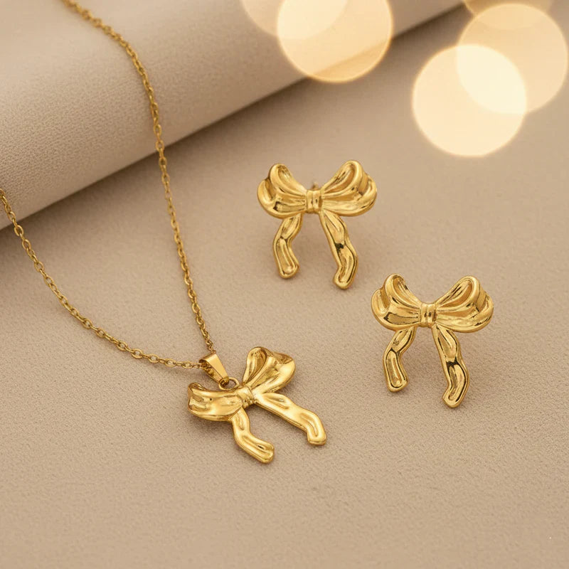 Minimal bow earring & necklace combo