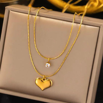 Double layer heart & crystal necklace